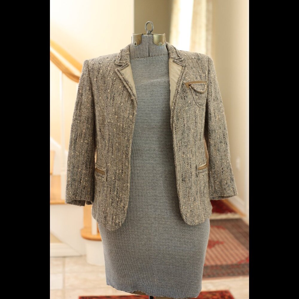 PRADA Gray Tweed and Tan Leather Trim Open Blazer
